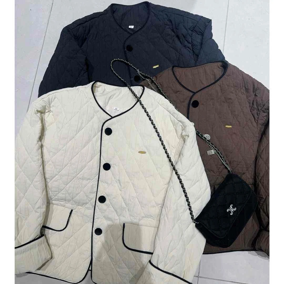 【三懿服饰】菱形格小香棉服新款韩系穿搭撞色单排扣外套-8085