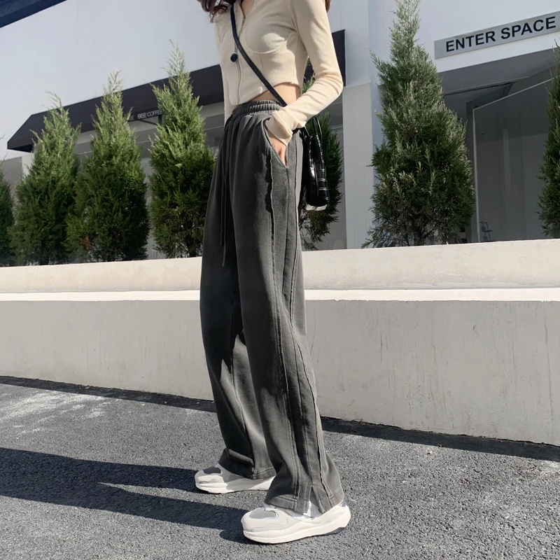 小个子美式高街灰色运动裤女春秋开叉阔腿裤直筒休闲ins辣妹卫裤