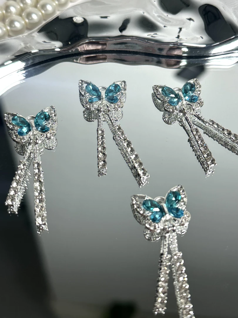 雨宝严选· DIY P289 银蓝蝴蝶包边满钻流苏挂坠