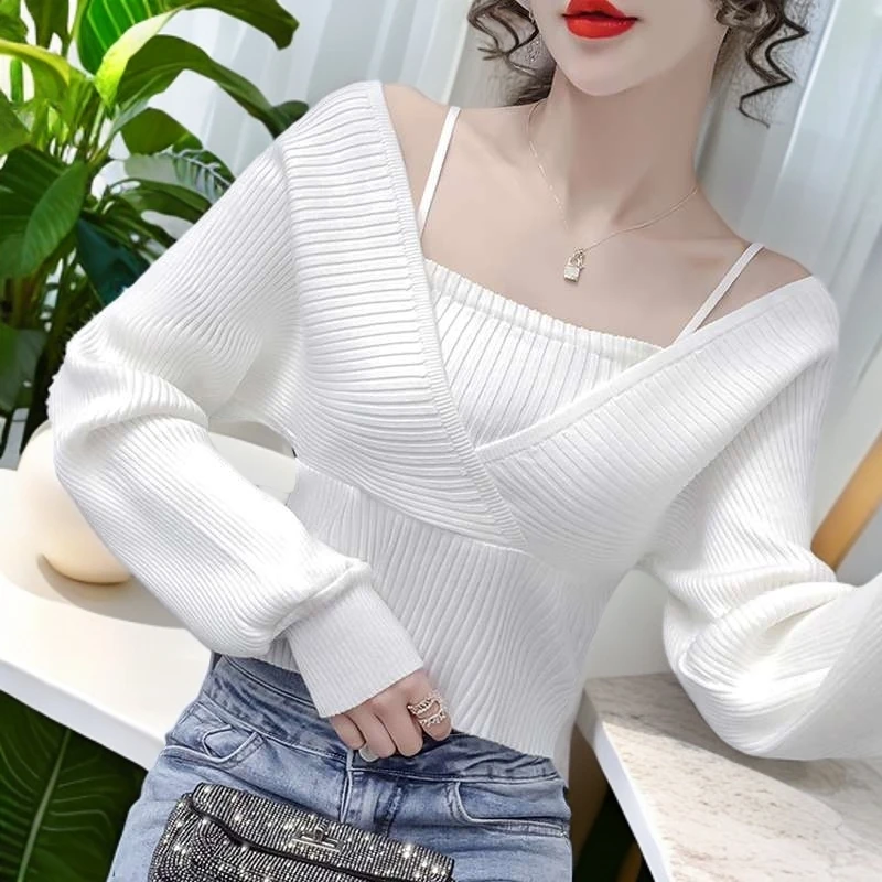 假两件吊带露肩打底衫女士秋冬季短款紧身上衣高级感内搭针织毛衣