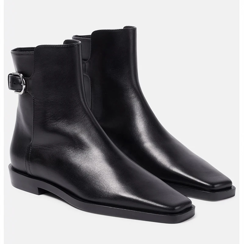 卡卡妮亚 头层牛皮方头短靴女2024秋冬新款真皮骑士靴马丁靴女