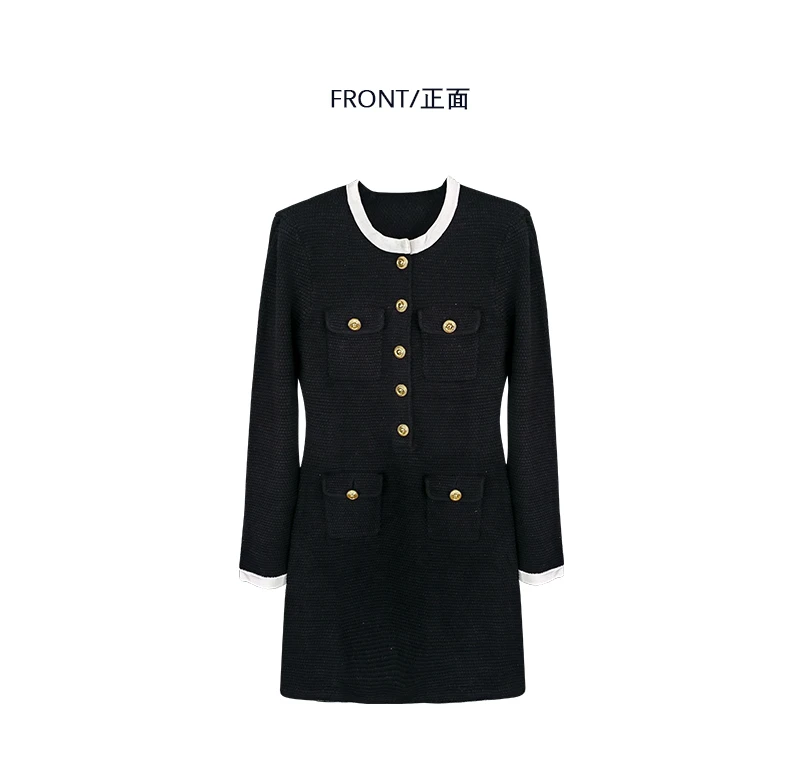 早春法式名媛黑白撞色圆领气质时尚优雅小众针织收腰小香风连衣裙