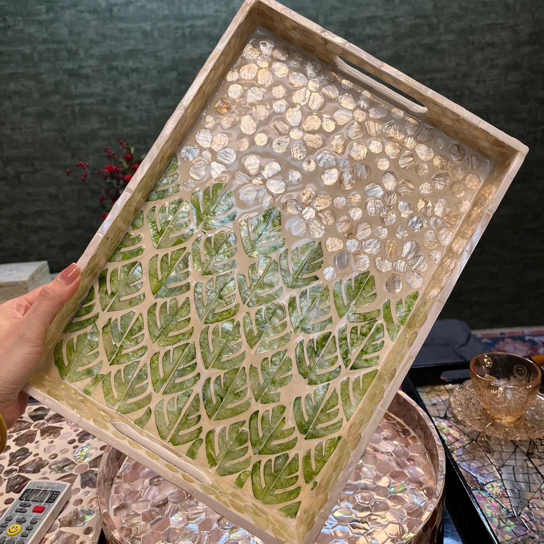 新款大家大叶全贝壳茶具收纳托盘长35宽25高4