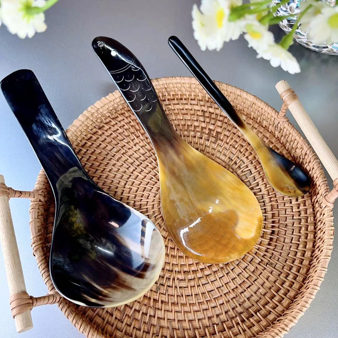 新款买一送二纯手工打磨牛角勺饭勺创意摆件