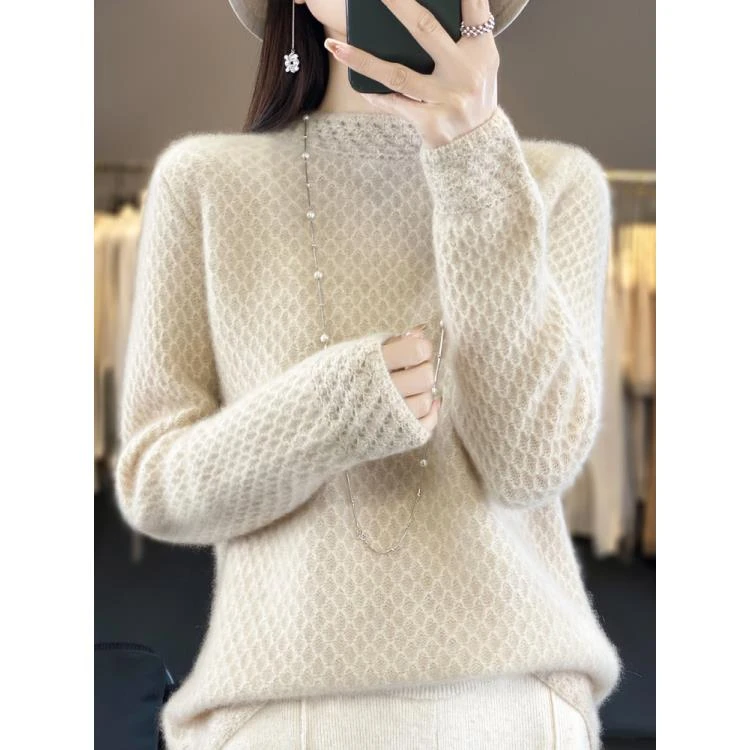 【2024年新品】100%羊毛七针加厚蜂窝时尚百搭显瘦半高领套头衫