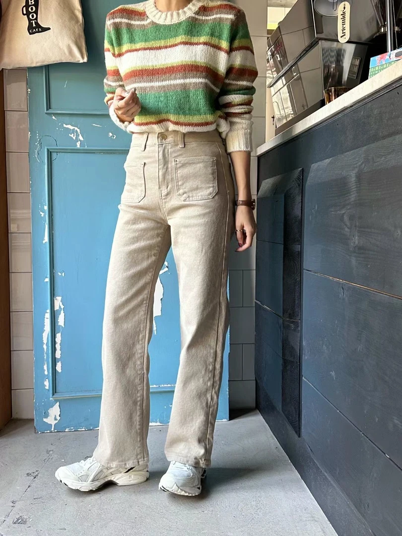 月花洞韩国正品冬季#555加绒显瘦阔腿牛仔直筒裤百搭高腰（96cm）