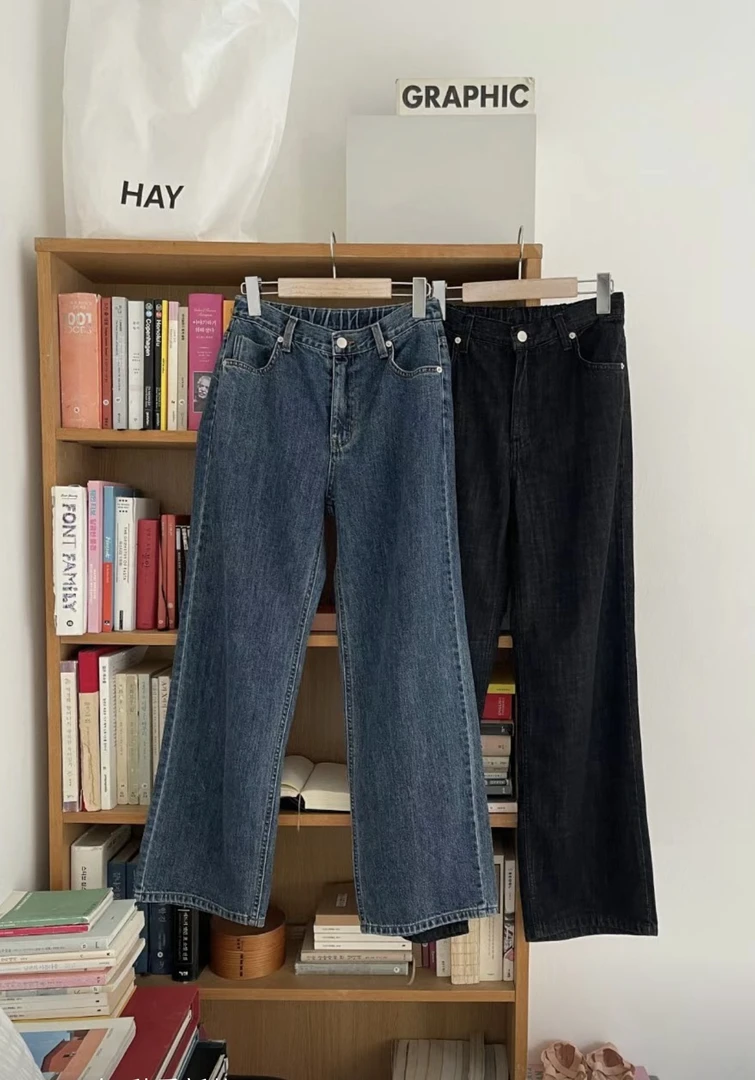 月花洞韩国正品秋季#450弹力高腰阔腿直筒牛仔裤显瘦百搭（95cm）