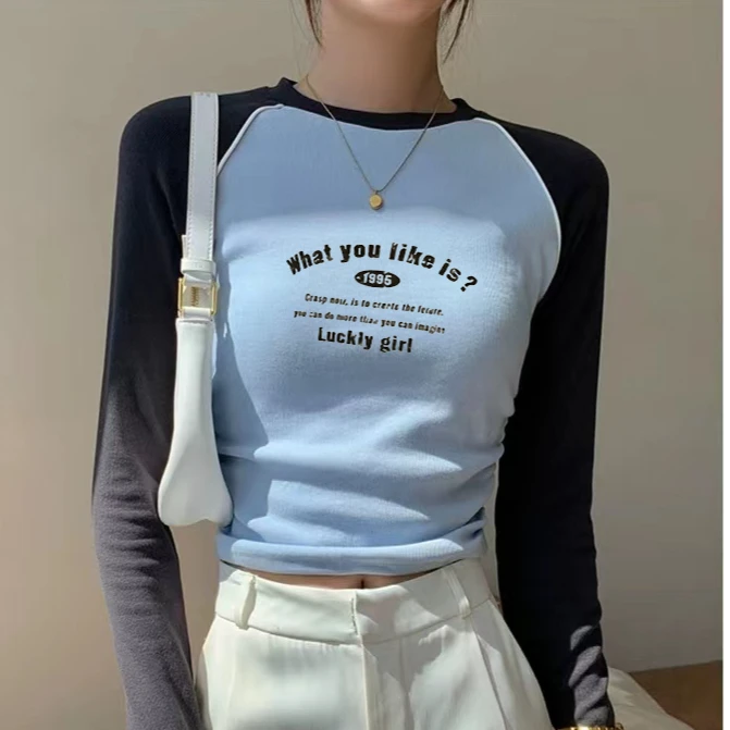 美式复古插肩长袖T恤女2024秋冬辣妹短款内搭打底衫圆领拼色上衣