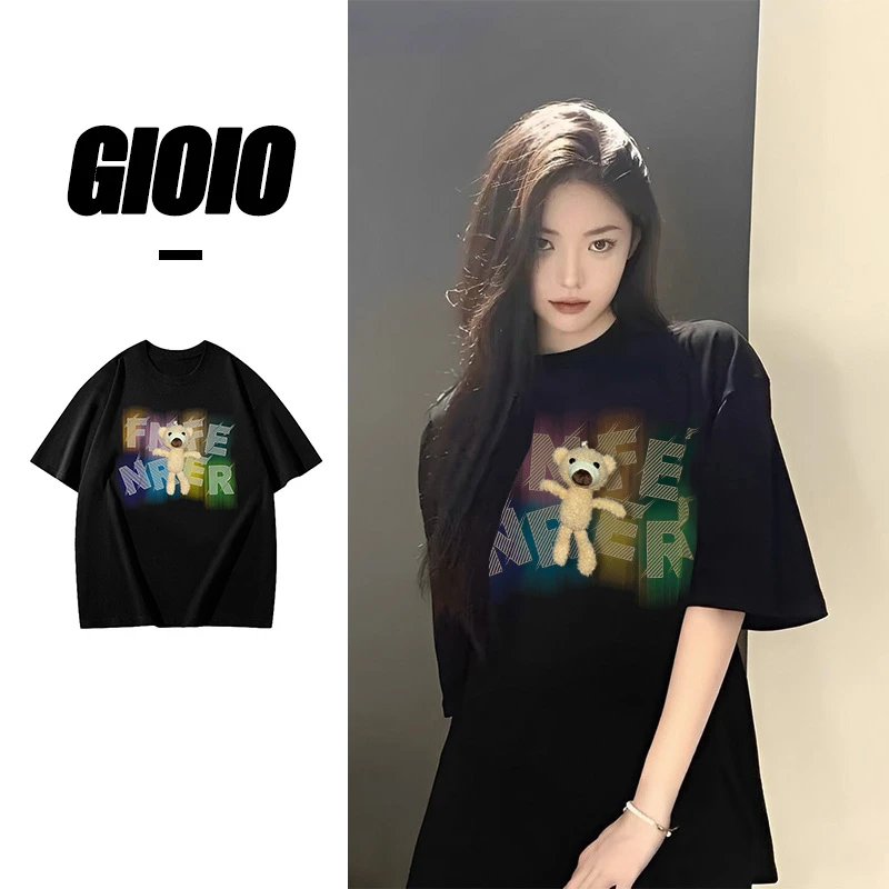 FNFE【带熊熊公仔】240克纯棉宽松夏季短袖t恤韩版ins圆领印花T恤