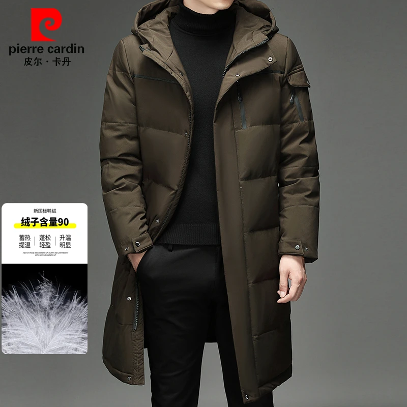 皮尔卡丹冬季新款加厚中长款连帽羽绒服男士白鸭绒保暖爸爸外套