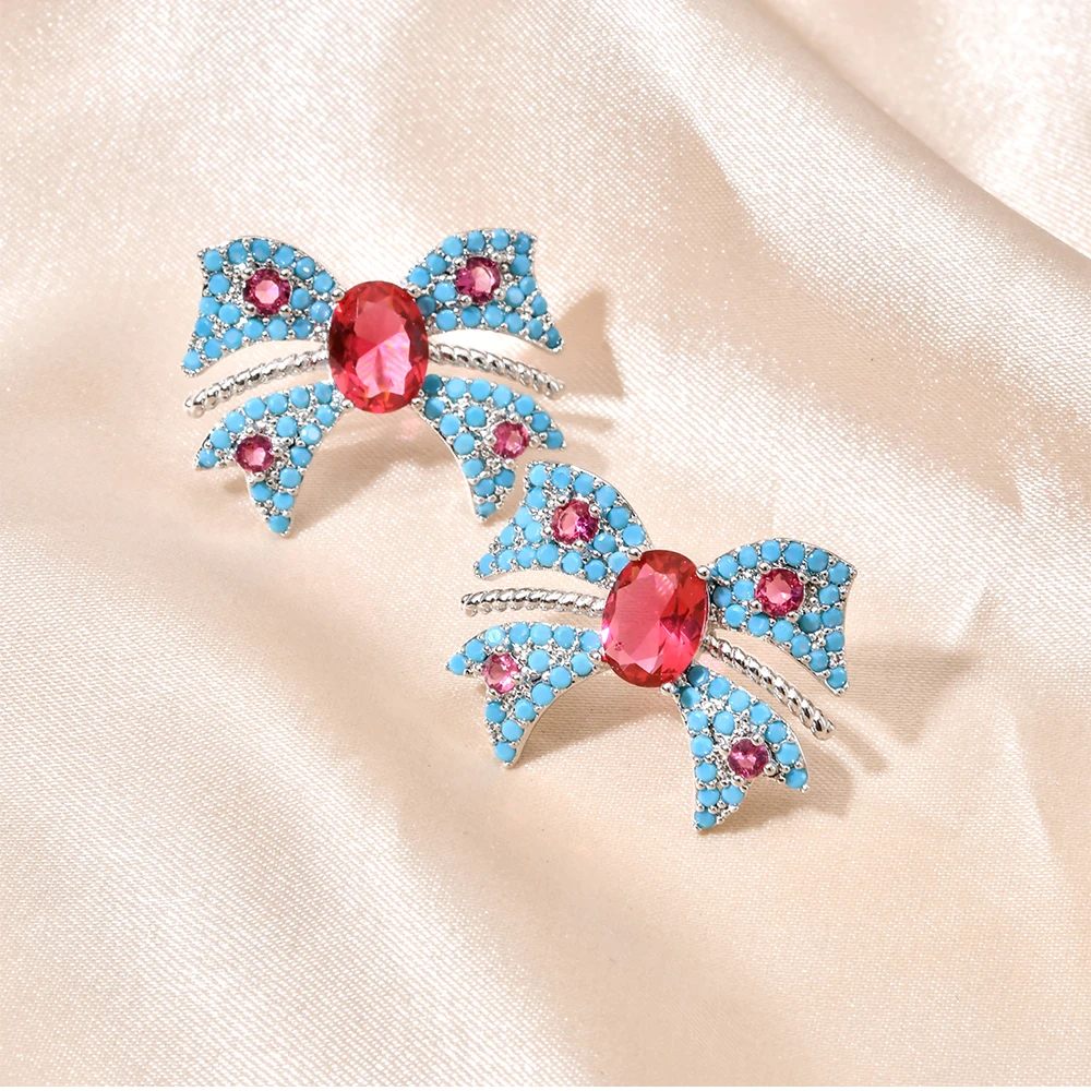 铜合金合成锆石耳饰 925银针蓝色蝴蝶结轻奢高级感耳钉女百搭气质