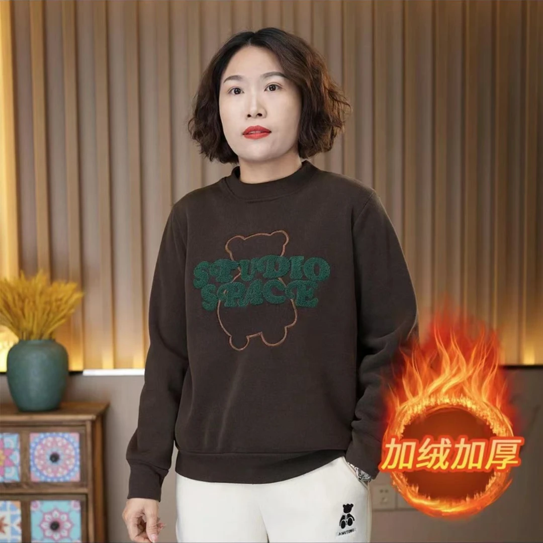 秋冬款加绒加厚套头长袖圆领小熊刺绣宽松休闲女士卫衣