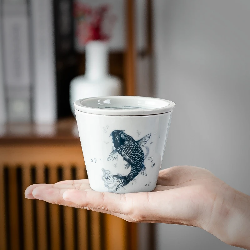 澜扬时尚日式陶瓷直口杯手工功夫茶杯品茗杯水杯带盖杯单个主人杯
