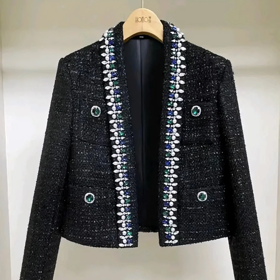 明星同款黑色粗花呢小香风短外套女春季新款重工镶钻高端短款外套