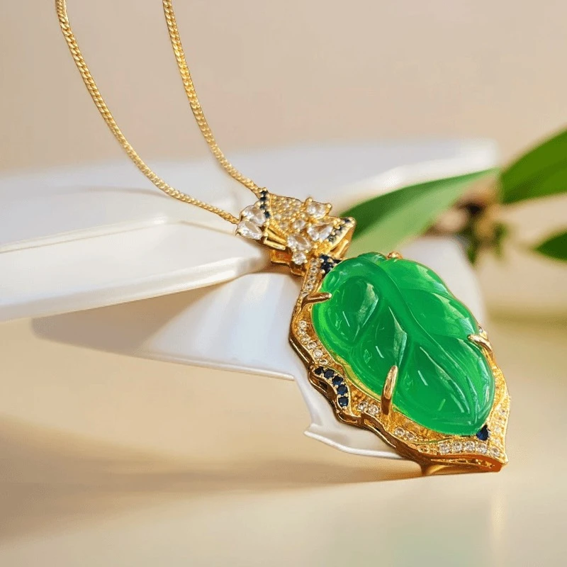 豪镶 翠绿色金枝玉叶 树叶吊坠项链-YX-2A