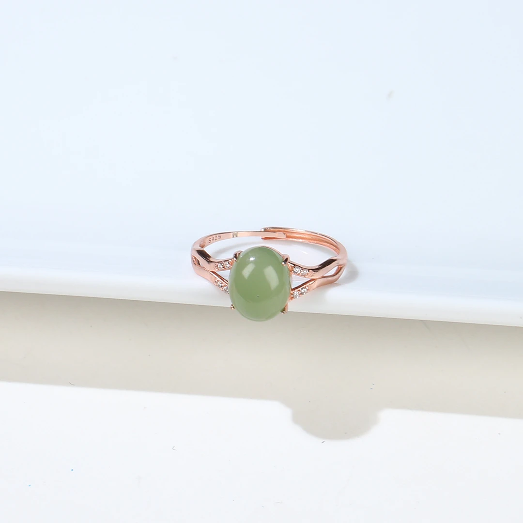 【麦子家族】天然和田玉碧玉S925银戒指可调节时尚百搭EF0912