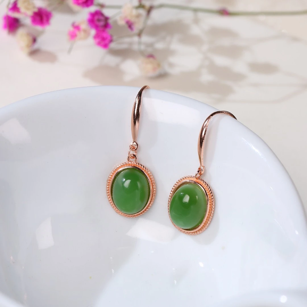 HW【麦子家族618大促】天然和田玉碧玉耳坠S925银女百搭F0691