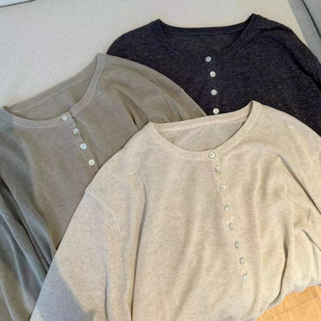 JIUJIU【笔绘平生】天丝亚麻夏季宽松百搭显瘦长袖针织小衫女上衣