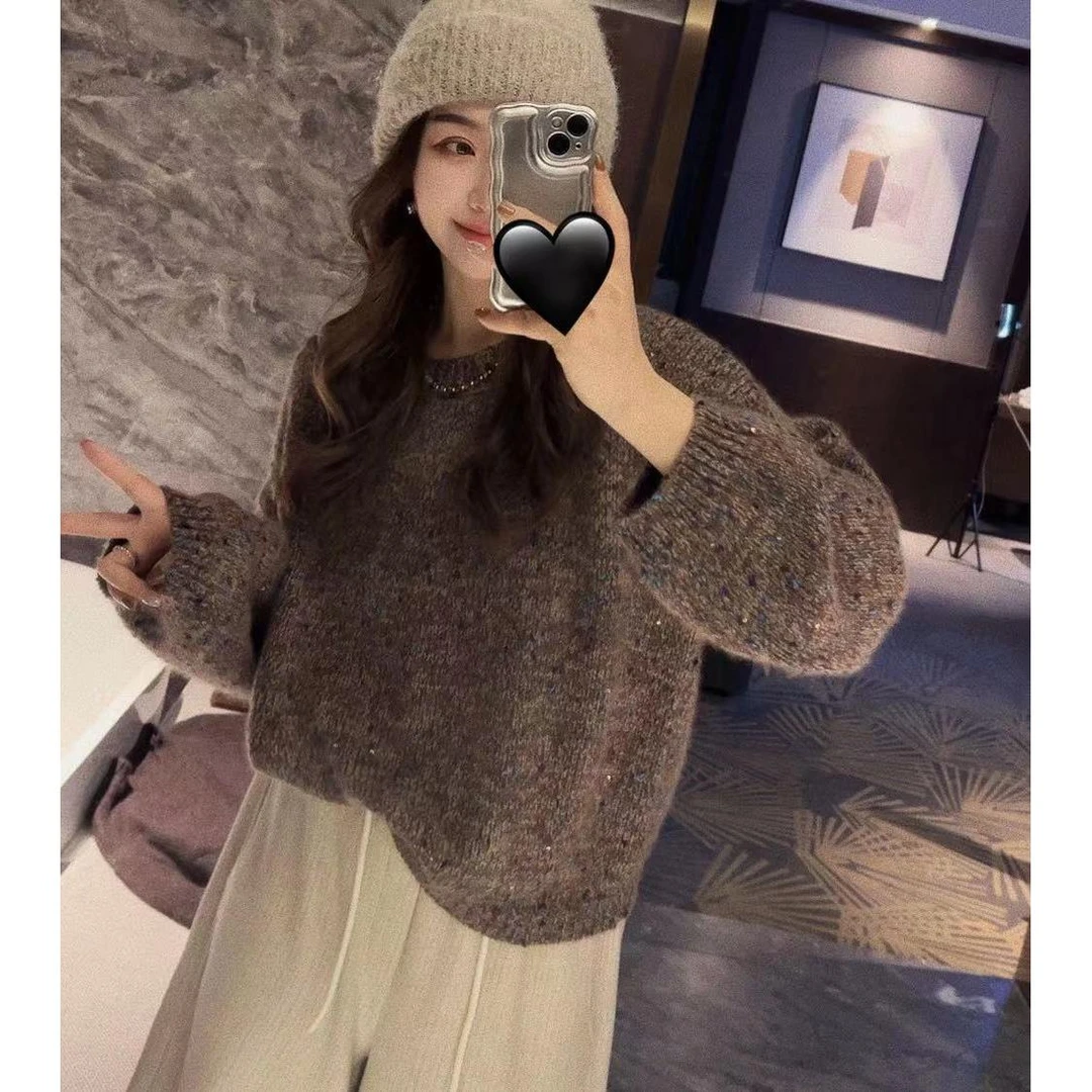 KEKE【一场冬雪】绵羊毛兔毛亮片气质轻奢时尚圆领套头针织衫毛衣女