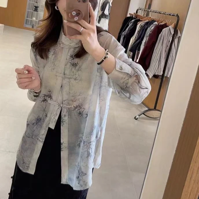 清仓【长袖令色】天丝新中式天青色竹叶印花宽松国风衬衫