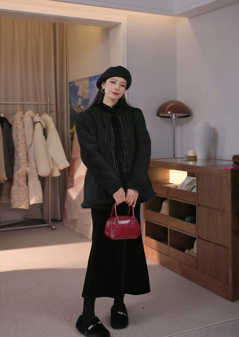 新款国风气质时尚中式外穿家居服冬季女三层加绒加厚套装