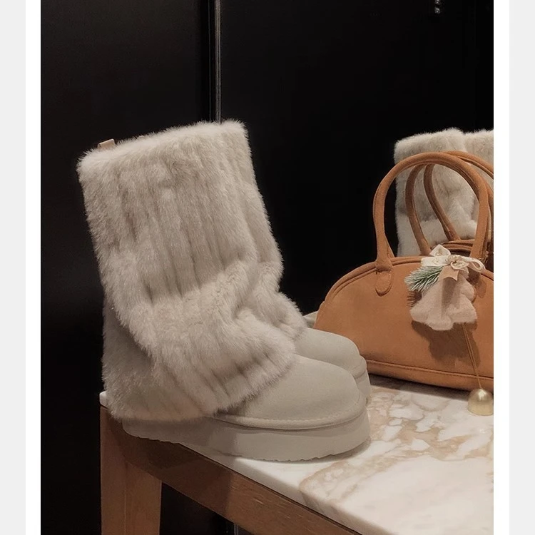 时尚新款毛毛堆堆袜靴女2024冬季圆头保暖加绒加厚底百搭雪地靴