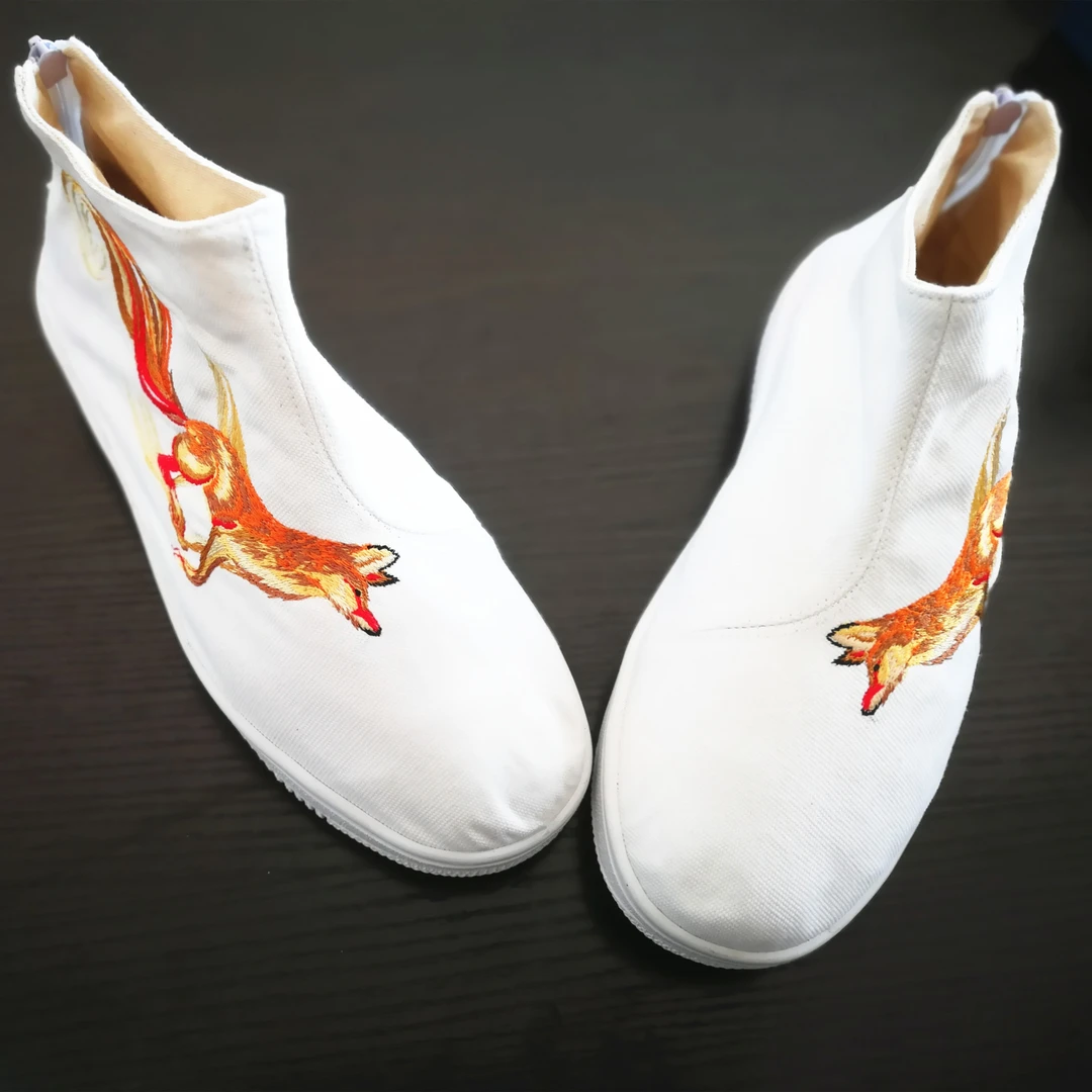 麻凡新品 狐狸鞋 刺绣高帮白色帆布鞋男中国文艺风橡胶底布鞋