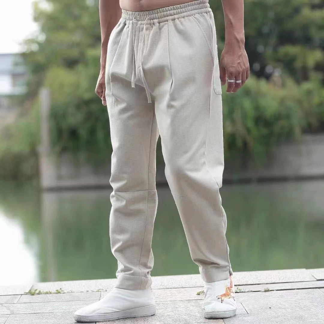 古麻现货新款冬季加绒加厚休闲裤中国风棉麻哈伦裤松紧腰裤子2223