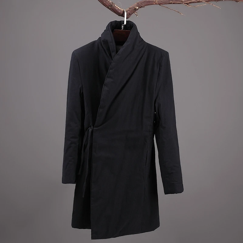 中国风唐装男青年中长款棉服亚麻夹棉外套棉衣加棉麻中式棉袄上衣