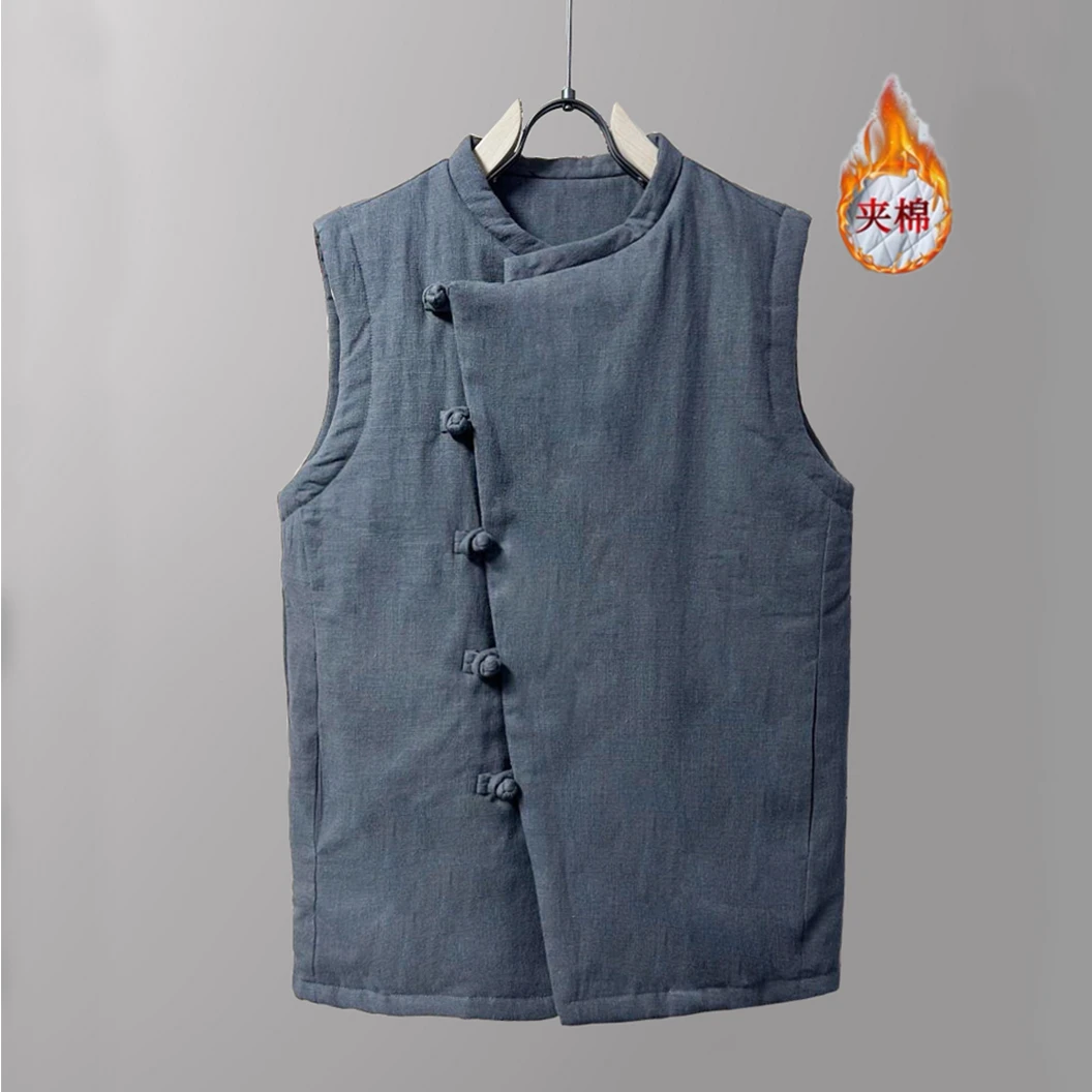 新中式国风盘扣立领纯色苎麻背心马甲男装秋冬加棉加厚保暖外套潮