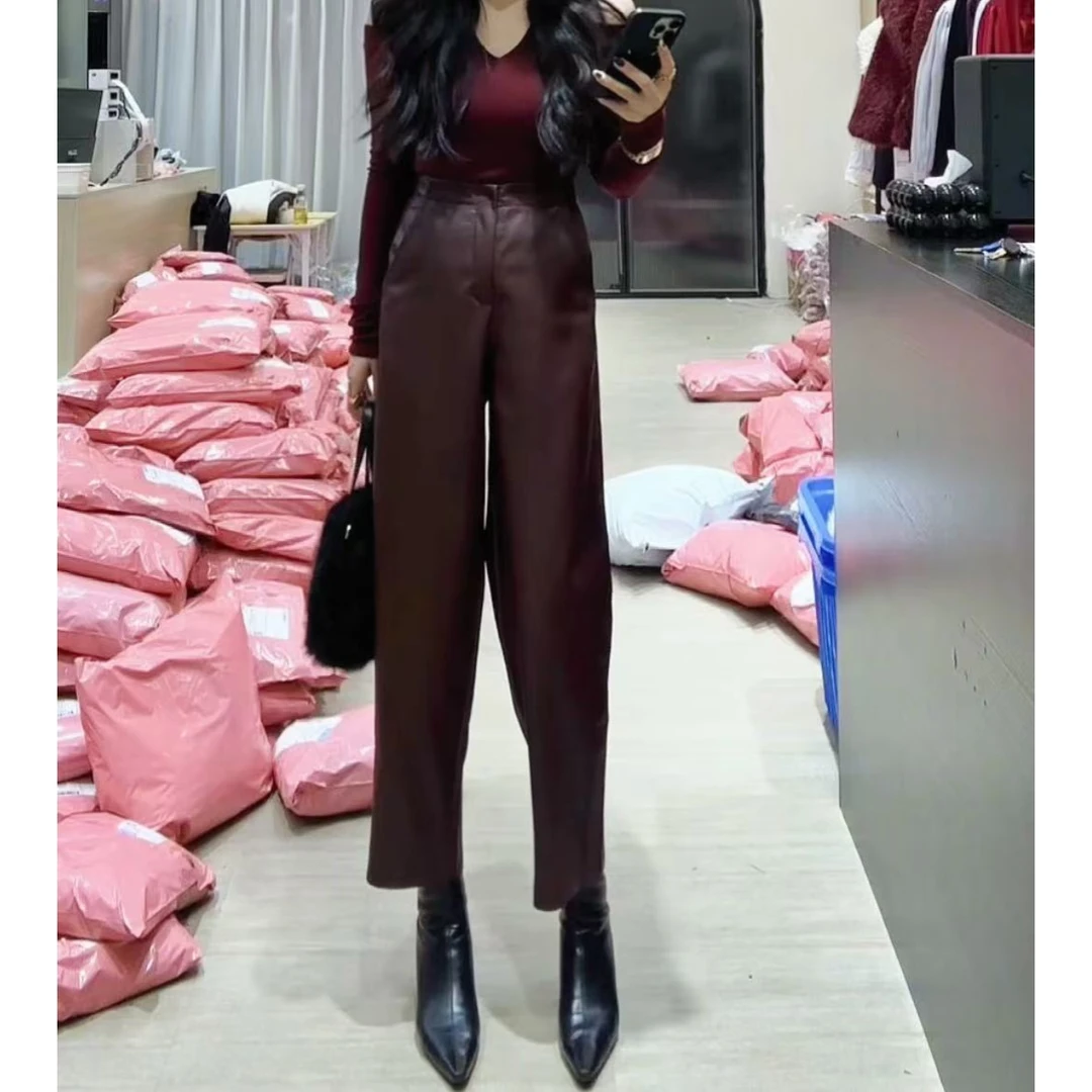 【 Wan wan】斜口袋暗扣九分弯刀皮裤