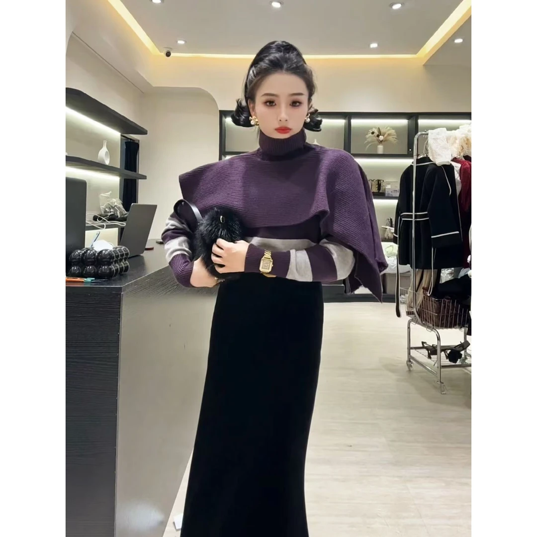 【 Wan wan】条纹圆领宽松带高领斗篷围巾两件套毛衣