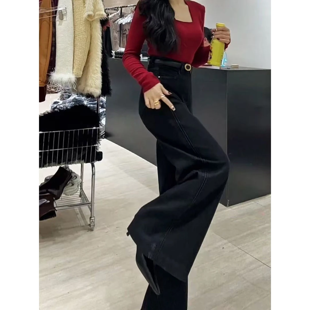 【 Wan wan】怀旧蓝侧两条杆不贴腿微喇牛仔裤