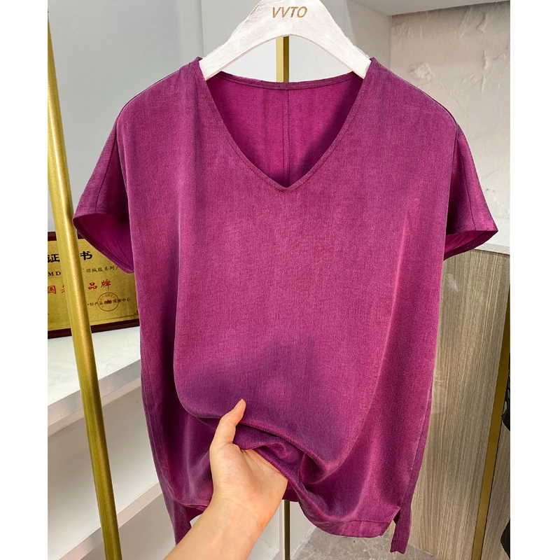 铜氨丝上衣套装女2024夏新款时尚两件套V领短款蝙蝠袖显瘦百搭t恤