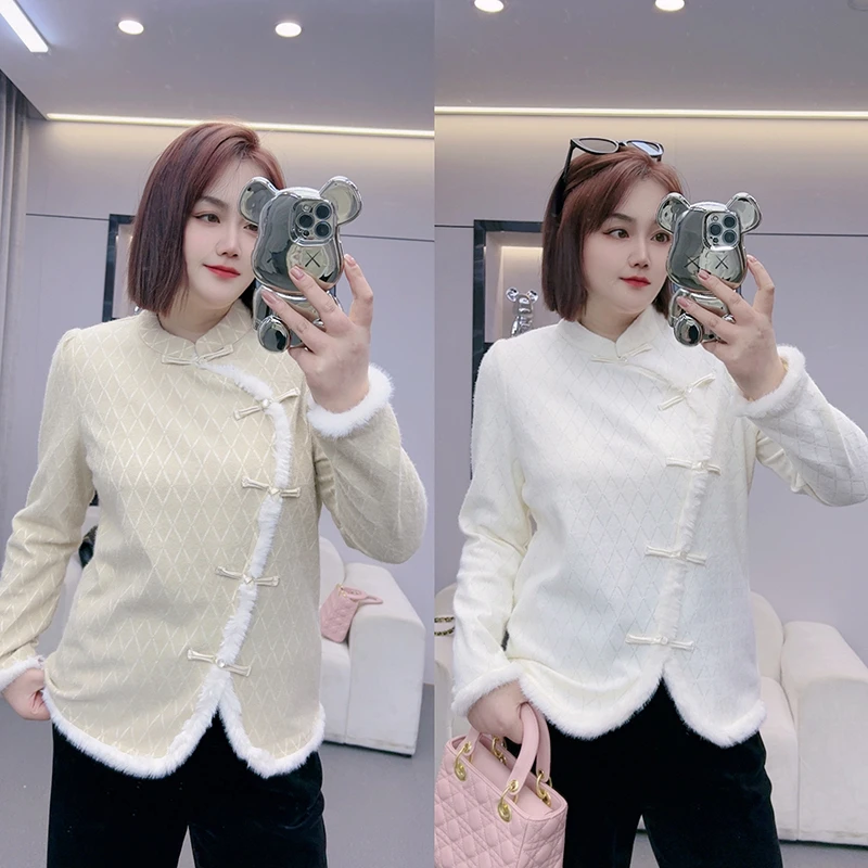 【红袖雨】冬季新款大码新中式国风斜襟盘扣蕾丝衫SF0623441051