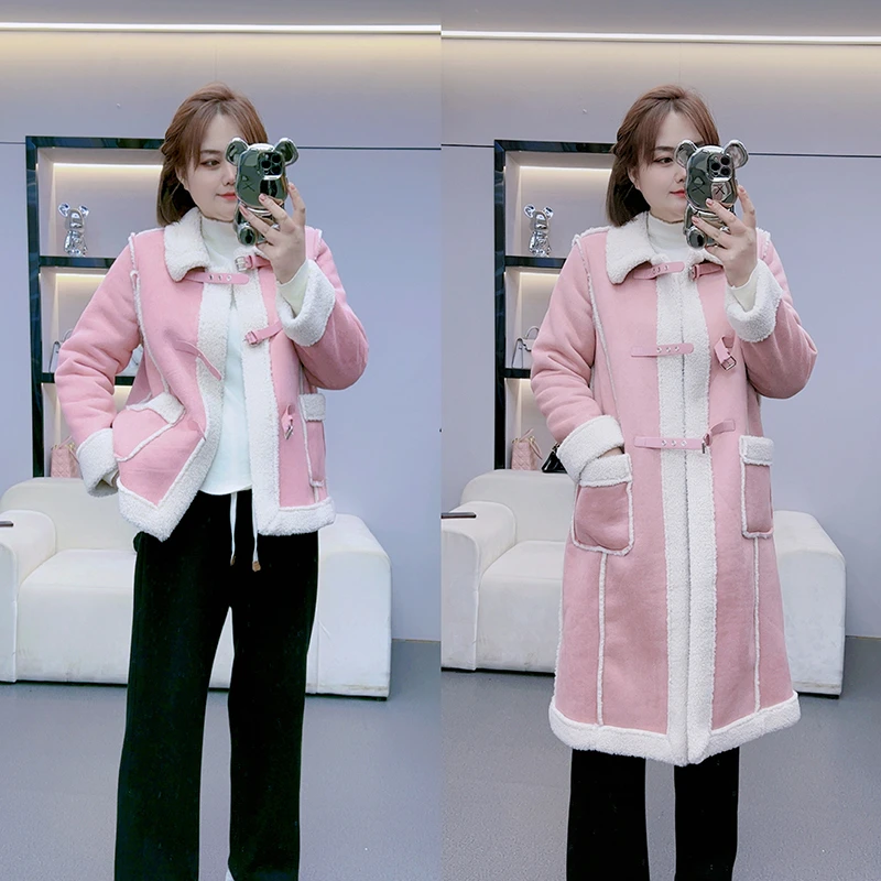 【红袖雨】新款皮毛一体绒羊羔毛长短款毛呢外套-441067+441074