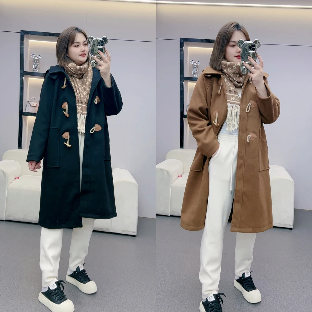 【红袖雨】冬季新款大码宽松牛角扣大衣毛呢外套--SJ0723410941