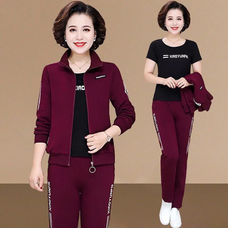 中老年妈妈运动服套装女大码女装新款休闲外套女潮春秋季三件套