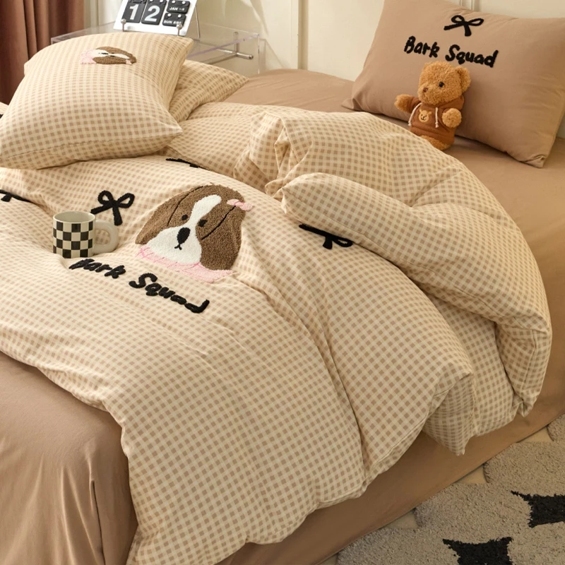 双面简约加绒加厚家用学生宿舍磨毛卡通刺绣款四件套毛巾绣系列蓝