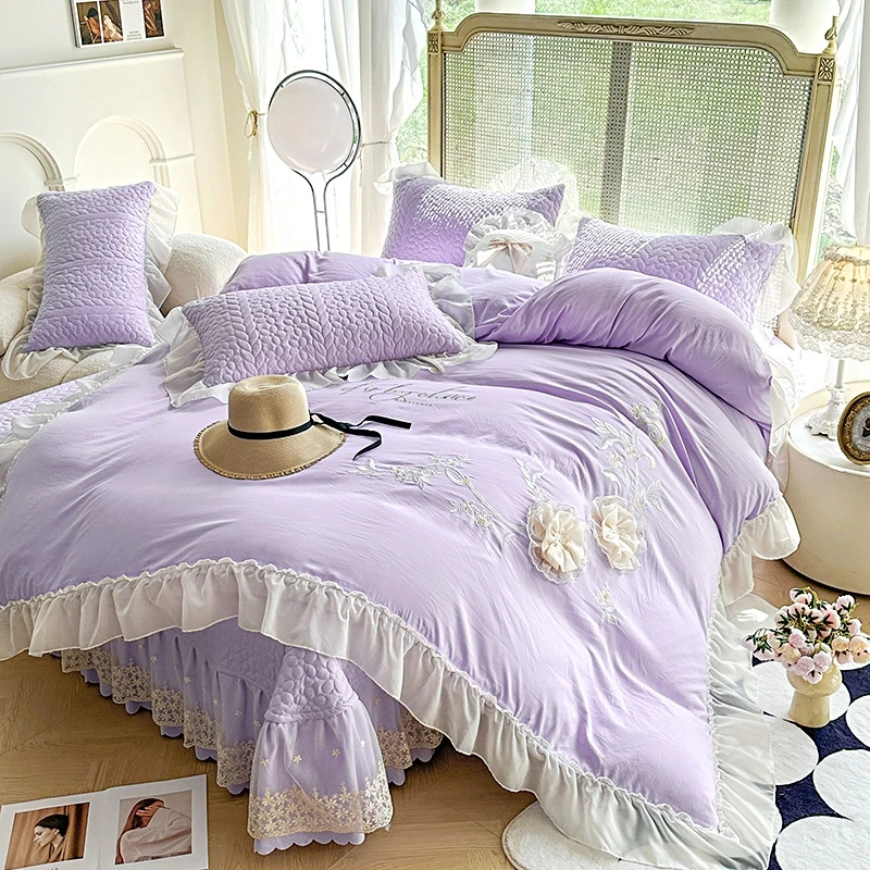 加厚纯色韩版花边公主风甜美少女心水洗棉床盖款四件套泡泡棉苏