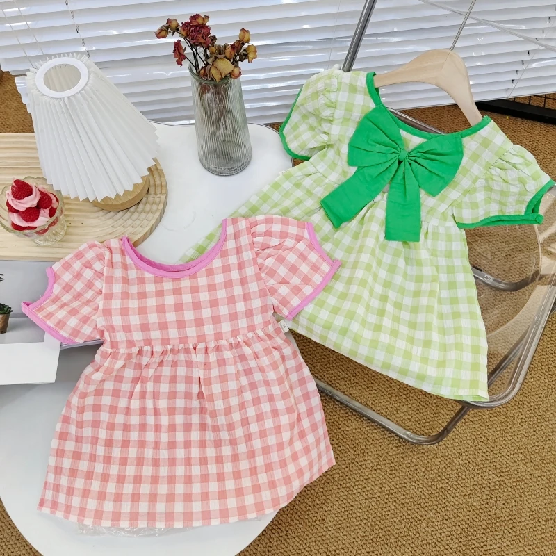 女童连衣裙夏季女孩短袖韩版后背蝴蝶结公主裙洋气小女孩薄款裙子