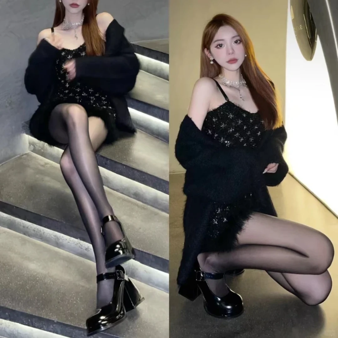 陌小美黑丝一号光腿神器春秋薄款连脚黑透肤水光袜时尚高腰显瘦