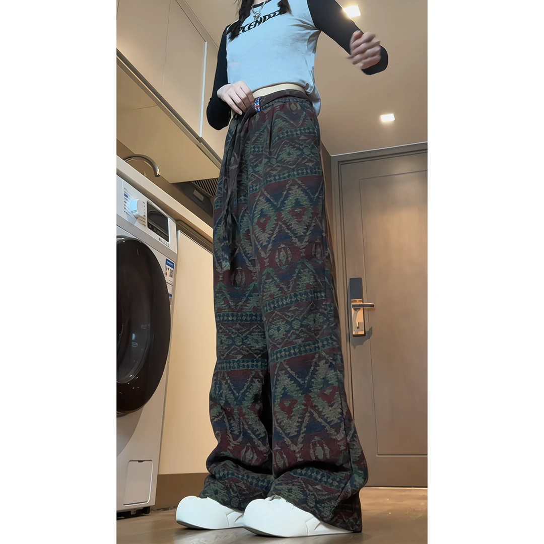 国潮复古撞色针织裤子女春秋款宽松提花阔腿设计感直筒休闲长裤子