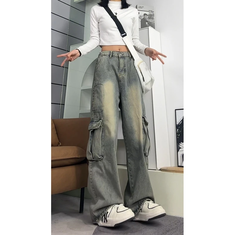 美式工装牛仔裤女春秋复古大口袋设计感日系水洗窄版阔腿微喇长裤