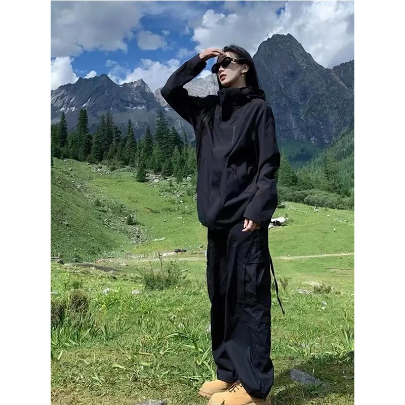 美式vibe黑色裤子女款春秋季防风速干爬山户外徒步登山高腰工装裤