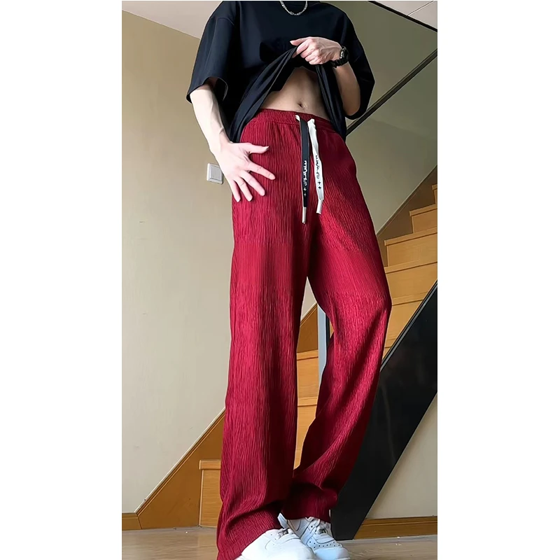 美式酒红色肌理感垂感直筒裤女款高腰拖地大码宽松显瘦薄款休闲裤