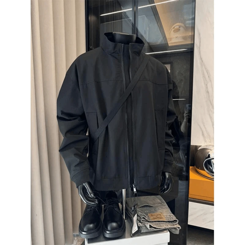 黑色飞行员夹克外套男款春秋季设计感美式潮牌vibe高街立领棒球服