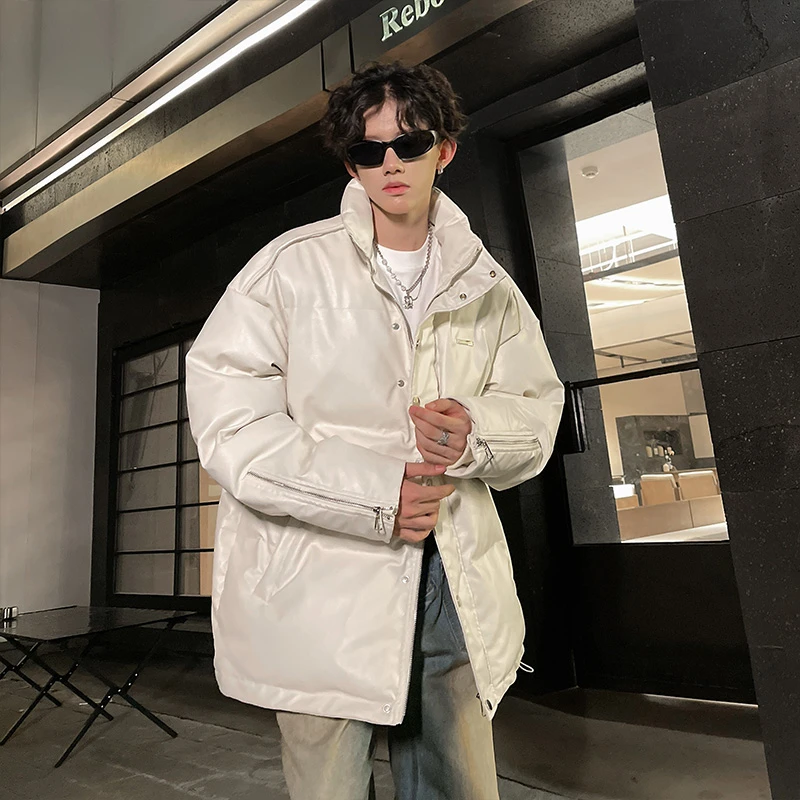 美式高街白色pu皮棉服男款冬季设计感潮牌立领工装外套加厚面包服