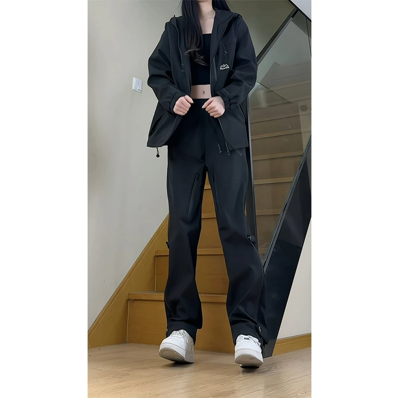 美式机能拉链工装裤女秋冬季宽松高级感阔腿嘻哈直筒微喇长裤子潮