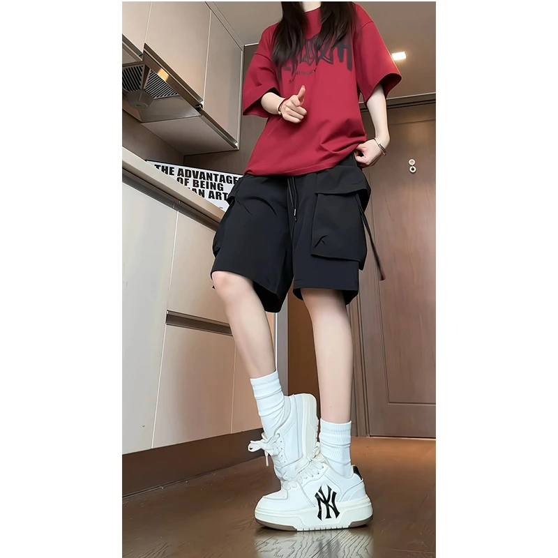 港风复古工装短裤潮牌日系五分裤女款夏季飘带设计感高街休闲中裤
